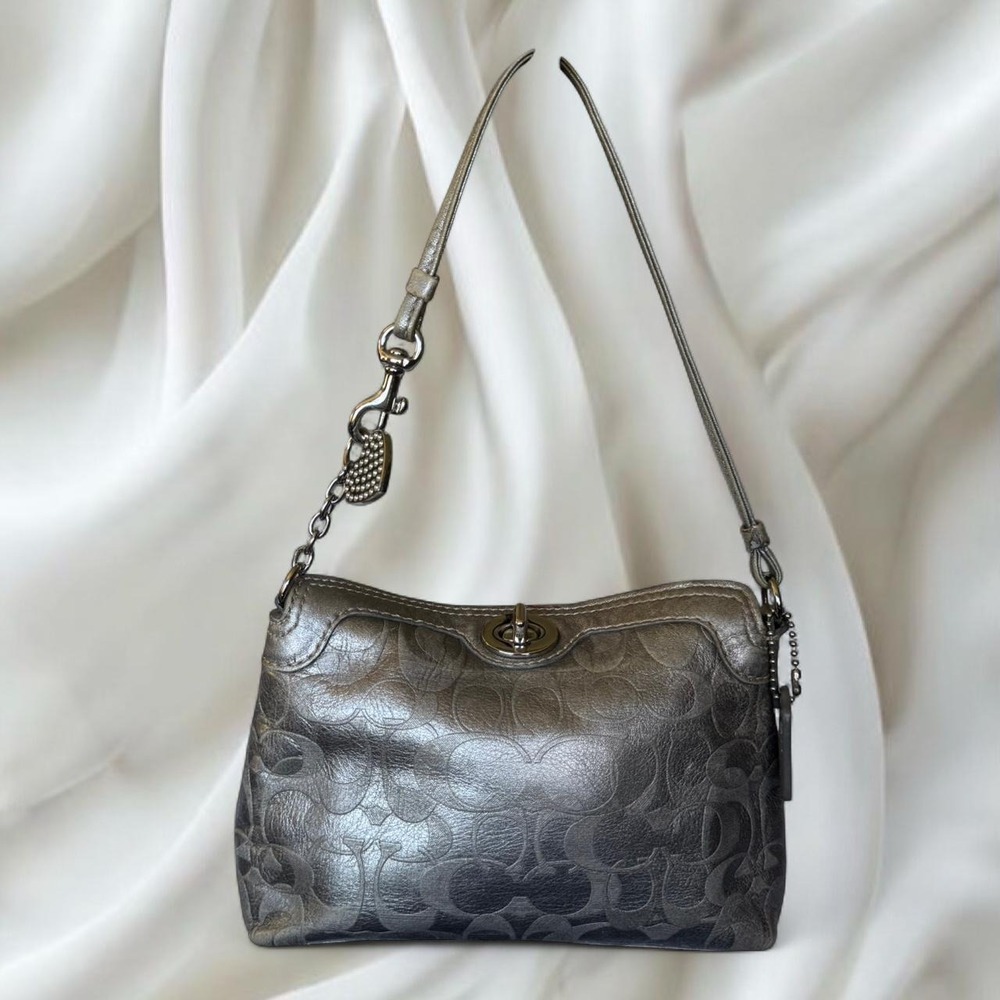 Y2K Coach metallic silver legacy turnlock mini bag wristlet with heart extender